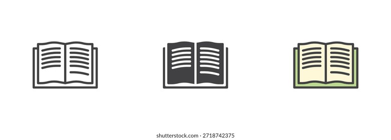 Abra el icono de la educación del libro establecido en estilo colorido del contorno de la línea, sólido y lleno. Signo y Vector de lectura y conocimiento. Icono de Educación para el estudio, la literatura, la Biblioteca y el aprendizaje.