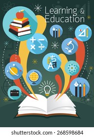 Open Book with Education Icons, School, Learning and Study