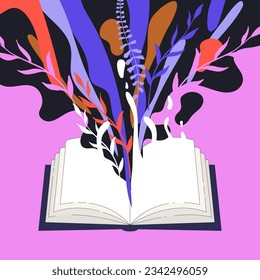 Open book education illustration, explosion of knowledge art style with flowers and colorful shapes