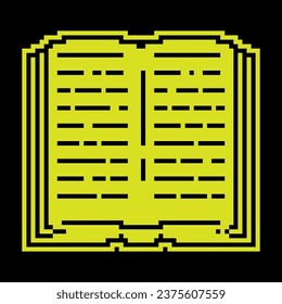 Open book. Education at school, knowledge acquisition in the library. Pixel silhouette icon. Simple black and yellow vector