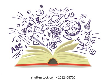 Open book with education, school, science hand drawn sketches on white background. Vector illustration.