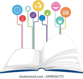 Open book with educational icons above