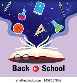 Open book with elements education icons floating. Education concept. 