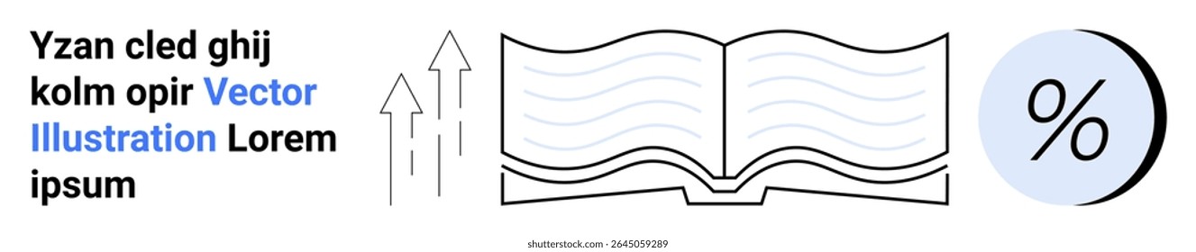 Livro aberto emite setas para cima e grande símbolo de porcentagem. Ideal para educação, crescimento empresarial, crescimento financeiro, aprendizado, análise de dados, materiais de estudo, apresentação de estatísticas. Página inicial