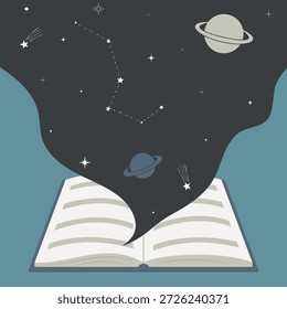 Libro abierto que emite planetas, constelaciones y estrellas contra un cielo nocturno oscuro