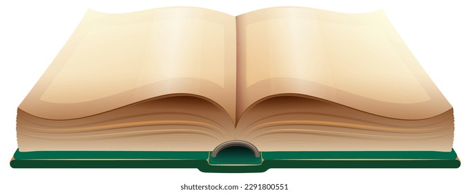 Abrir libro con hojas de páginas en blanco vacías. Plantilla de quran biblia verde. Ilustración de dibujos animados aislados en blanco