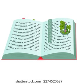 Open book or encyclopedia, textbook for students in school or university. Isolated publication with pictures and text. Personal journal or magazine, notebook copybook for notes. Vector in flat style.