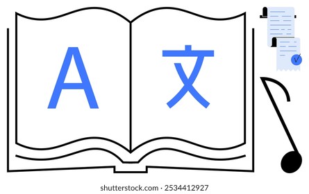 Open book with English and Chinese characters, translation tools, document with check mark, and a writing tool. Ideal for language learning, translation, education, bilingual books, literacy. Simple