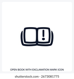 Libro abierto con signo de exclamación Icono de Vector sólido con un diseño atrevido y mínimo. Adecuado para presentaciones, Sitios web, App, infografías y varios proyectos digitales o impresos.