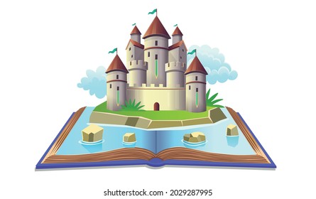 Open book with fairy castle and clouds. Vector illustration in cartoon style for kids. The concept of a children's playroom, birthday, kids club, kindergarten, school.