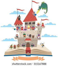 Open book with fairy tale castle on it, on white background. No transparency and gradients used. 