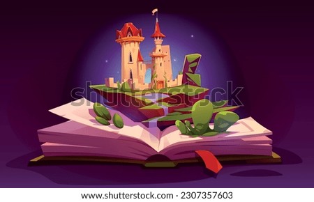 Open book with fairy tale castle on pages and bookmark. Vector cartoon illustration of storybook with magic kingdom palace, green island landscape and waterfall. Reading hobby for education and fun