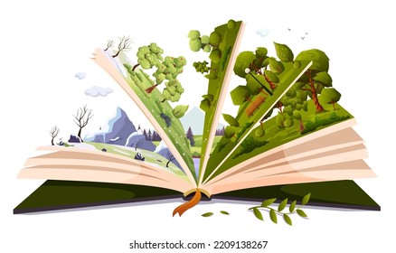 Open book with fairy tale. Green summer forest, snowy winter, adventure story for children, kids. Different off seasons on sides of pages. Read magic storybook about spring nature. Vector illustration