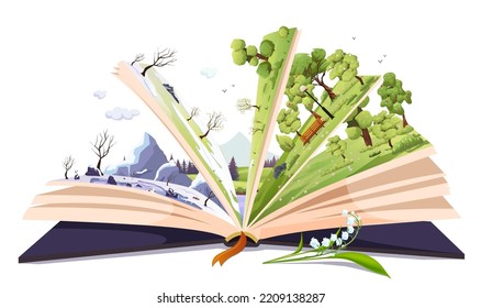 Libro abierto con cuento de hadas. Bosque verde e invierno nevado, historia de aventuras para niños, niños sobre diferentes temporadas fuera de temporada en lados de páginas. Lee un libro de cuentos mágico sobre la naturaleza primaveral. Ilustración del vector