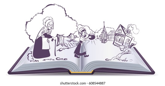 Open book Fairy tale Sweet magic porridge pot. Isolated on white vector cartoon illustration