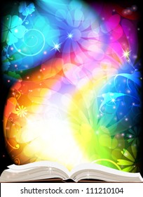 Open book of fairy tales on a rainbow floral background