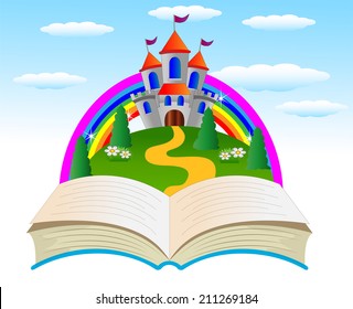 open book with a fairy-tale palace on the fringe of the forest, vector illustration