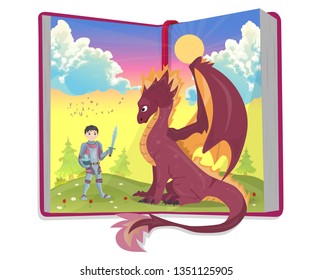 Open book of fairytales with knight and dragon vector illustration