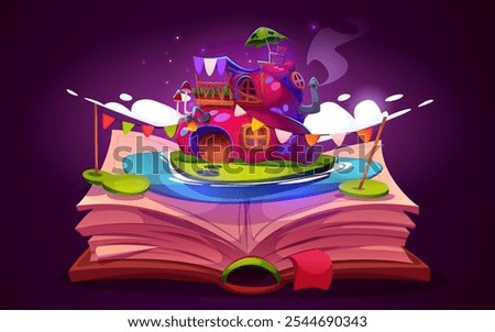 Open book with fantasy pumpkin house on pages isolated on black background. Vector cartoon illustration of storybook with fairytale dwarf hut on lake island, gnome story, reading hobby symbol