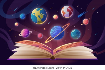 Open book with fantasy space adventure, planet of Solar system, travel to universe background. School textbook, storybook with alien planet surface on page, flying asteroid cartoon vector illustration