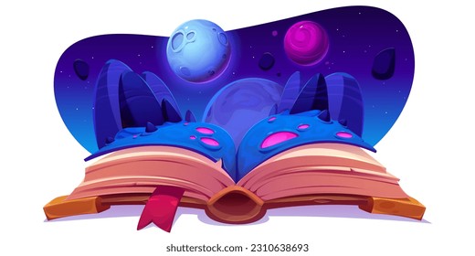 Open book with fantasy space landscape on pages isolated on white. Vector cartoon illustration of storybook about alien planet surface, meteorites flying in night sky, cosmic adventure. Reading hobby