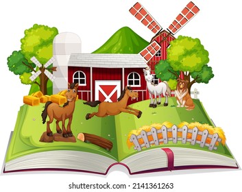 Open book farm theme on white background illustration