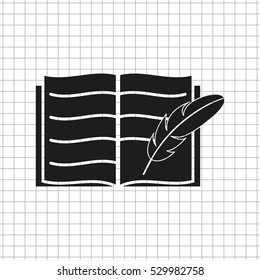 Open book with feather  - black vector icon