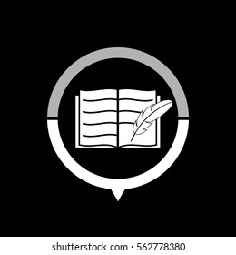 Open book with feather  - black vector icon