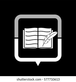 Open book with feather  - black vector icon