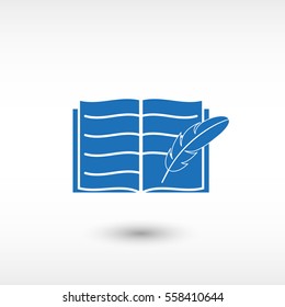 Open book with feather -  blue vector icon