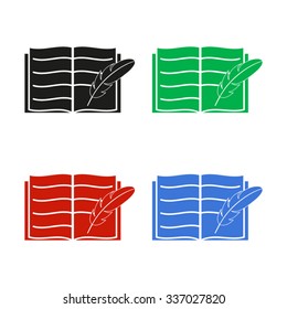 Open book with feather - color vector icon