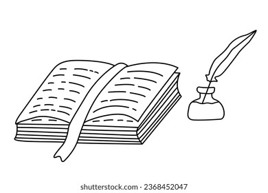 Abrir libro y plumas con el delineador de color de la ilustración vectorial dibujada a mano con el doodle de tinta.