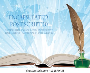 Open book, feather and  map on a blue shining background