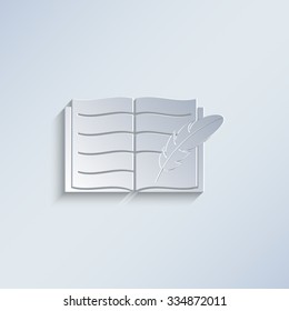 Open book with feather - paper vector icon