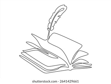 Open Book with Feather Pen. Continuous Line. line icon-continuous line drawing.