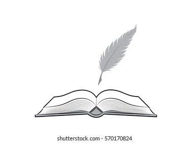 Open Book And Feather Pen. Drawing Of Stationery On White Background In Doodle Style. Concept For Education.