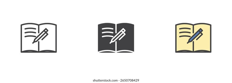 Abrir livro com conjunto de ícones de pena de pena. Contorno, sólido e preenchido esboço estilos coloridos. Ícone de livro vetorial de escrita, poesia e literatura.