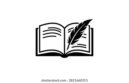 Open book with feather quill pen icon literature education knowledge academic storytelling