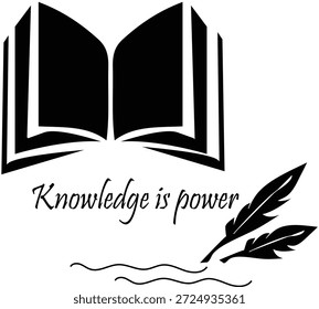 Abrir livro e pena quill com a frase conhecimento é poder isolado em fundo transparente