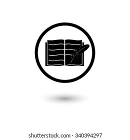 Open book with feather - vector icon with shadow