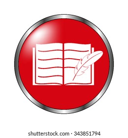 Open book with feather - vector icon on the  red button