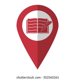Open book with feather - vector icon; red map  pointer