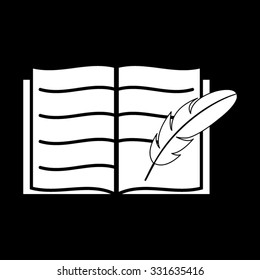 Open book with feather - white vector icon