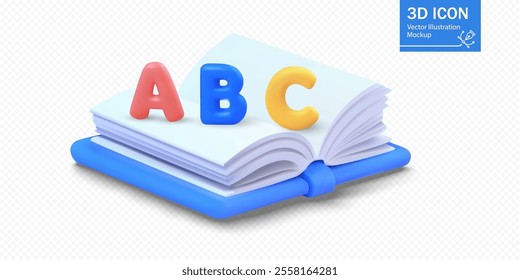 An open book features colorful alphabet letters arranged atop the pages, highlighting themes of education and literacy. The vibrant design adds a playful touch to a scholarly concept.