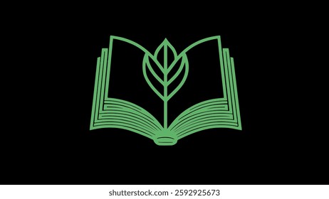 Open book features leaf. Light green neon illustration. Suitable for educational materials website or books. Minimalist line drawing green background
