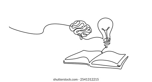 Open book featuring a brain and a light bulb in a continuous one line drawing. Concept of education and ideas. Hand-drawn minimalist vector illustration.