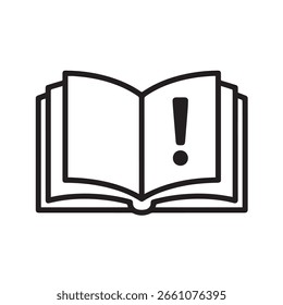 Ein offenes Buch mit einem Ausrufezeichen, das Bedeutung, Warnungen oder Betonung angibt. Einzeln auf weißem Hintergrund für klare visuelle Kommunikation.