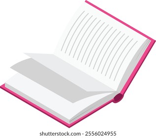 Open book featuring a pink cover lies flat, revealing blank pages lined for writing, symbolizing the beginning of a new chapter, story, or creative project waiting to unfold