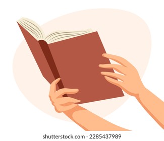 Open book in female hands. Illustration, poster, banner, vector