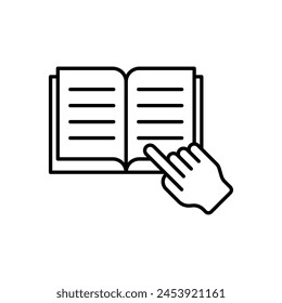 Open book with finger icon vector illustration. Instruction manual on isolated background. Book pages with text.